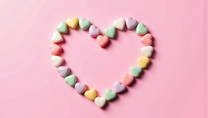 Fototapeta premium Colorful candy hearts forming a heart shape on pink background 