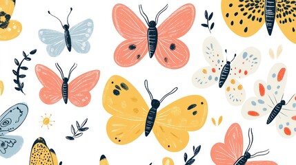 Colorful butterflies spring pattern, floral background, nature design, website banner