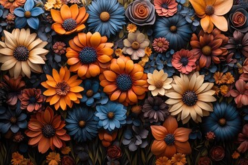A collection of colorful, stylized paper flowers in orange, blue, and brown hues. It shows floral beauty, ideal for backgrounds, designs, or adding nature to projects.