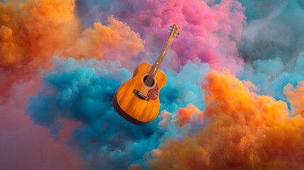 Acoustic guitar in a surreal dreamscape of pink, orange, and blue smoke. Harmonious blend of music and color creates a fantastical scene.