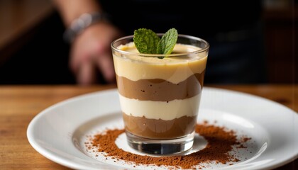 Creamy dessert layers in a glass garnished with mint  