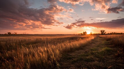 Golden Sunset Over Painted Prairie Field in Warm Hues and Gentle Clouds Underneath a Vast Sky