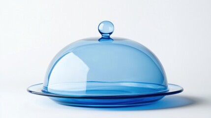Obraz premium Glossy blue serving cloche with small handle raised above plate on white background.