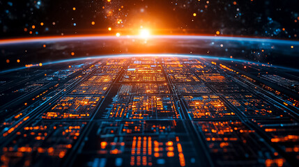 Futuristic Cityscape with Intricate Blue and Orange Patterns Under Sunrise Warm Light From the Horizon Glows