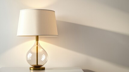 Glass table lamp with a gold base and white fabric shade on white background.