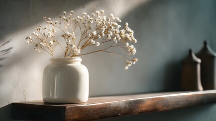 Pristine White Jar Adorned with Delicate White Flowers on Wooden Shelf in Soft Natural Light