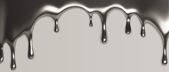 Metallic silver liquid drips border - shiny chrome fluid droplets flowing down. Glossy molten metal drops isolated on gray background. Realistic 3d mercury blobs, melted steel splash shapes.