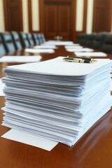 High stack of documents on conference table