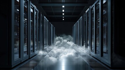 Unique cloud formation inside a high-tech server room of a modern data center for cloud computing infrastructure