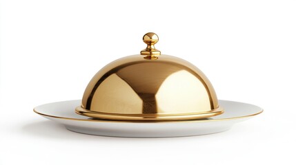 Golden serving cloche raised above a clean white plate on white background.