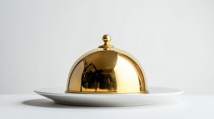 Golden serving cloche raised above a clean white plate on white background.