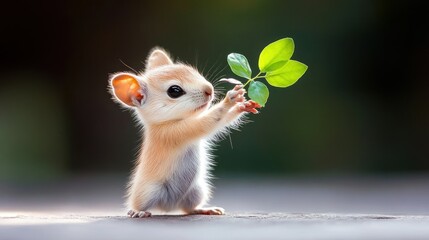 Tiny squirrel holding a sprig of leaves
