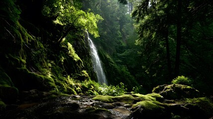 Lush Green Waterfall Cascading Over Mossy Rocks in a Verdant Forest Setting