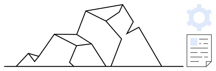 Abstract geometric mountains with a document and gear, symbolizing progress, planning, workflow, and analytical processes. Ideal for success, project management, innovation, data strategy teamwork