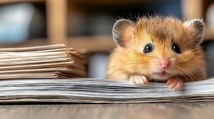 Curious Hamster Peeking Over Books with a Playful Expression