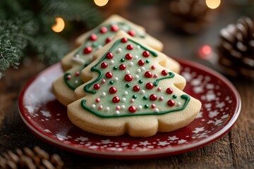 Delicious Christmas Tree Sugar Cookies with Green Icing and Sprinkles on Red Plate