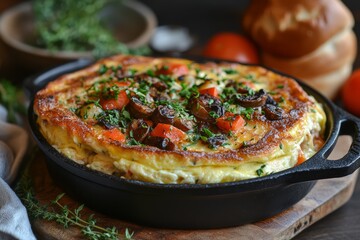 Delicious Mushroom Vegetable Egg Frittata in Cast Iron Skillet