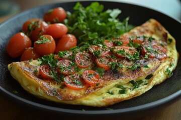 Delicious Omelette with Roasted Cherry Tomatoes Herbs and Greens