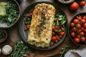 Delicious Homemade Egg Omelet Roll with Roasted Vegetables and Herbs