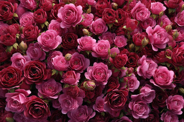 Crimson and Pink Roses: A vibrant tapestry of densely packed, blooming crimson and pink roses, their delicate petals and rich hues creating a visual symphony of natural beauty and romantic charm.