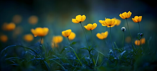 "Beautiful Yellow Buttercup Flowers in Sunny Spring Garden - Bright Nature Background"