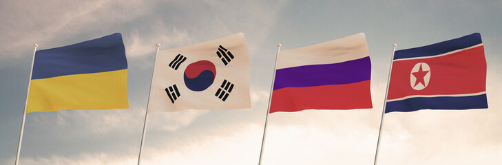 Flags of UKRAINE, SOUTH KOREA, RUSSIA AND NORTH KOREA waving with cloudy blue sky background, WAR 3D rendering