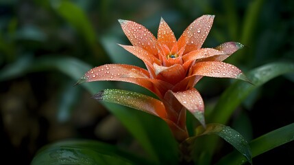 Vibrant Orange Bromeliad Blossom with Dew Drops on Petals Surrounded by Lush Green Leaves