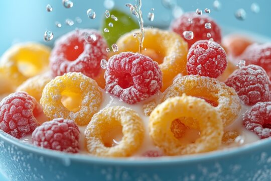 Delicious Breakfast Cereal with Raspberries and Milk Close up Photography - Powered by Adobe