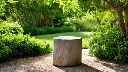 Naklejka premium Rustic Wood Stump Seat in Lush Green Garden Landscape Setting