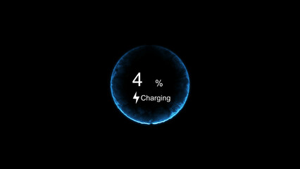  battery charging illustration. and a glowing circular interface  
