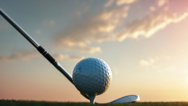 Golf ball and club on a tee with beautiful sunset sky background