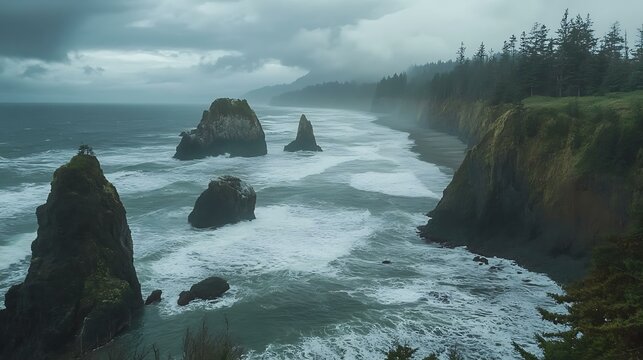 72. rocky coastline with waves crashing, dramatic sky