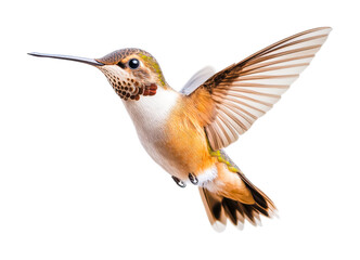 Detailed close-up of hummingbird in flight displaying natural beauty, cut out - stock png.