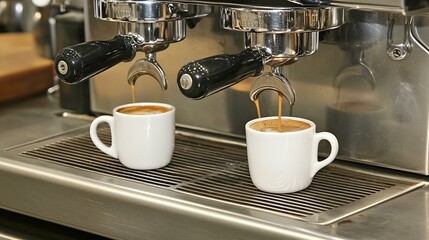 83. espresso machine pouring coffee shot, close-up