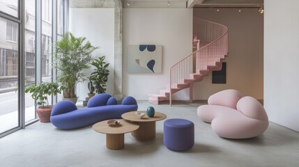 Pink & blue modern sofas in showroom
