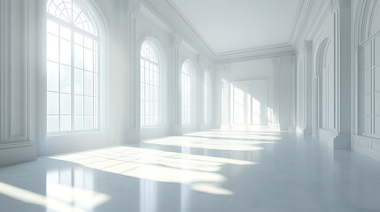 Elegant minimalist interior space with soft natural light pure white background modern design