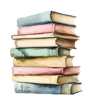 Watercolor stack of vintage books with colorful covers, cut out - stock png.