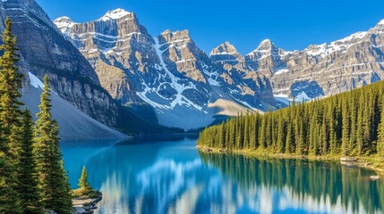 Serene mountain lake reflecting snow-capped peaks under a vibrant blue sky