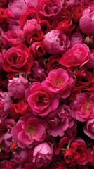 Fototapeta premium Crimson Bloom Tapestry: An evocative floral composition showcasing a dense collection of vibrant crimson roses. Capturing the epitome of romance and a symphony of passionate hues.