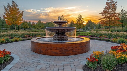 Obraz premium Serene fountain in landscaped garden at sunset