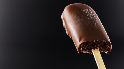 Chocolate Covered Ice Cream Bar on a Stick Against a Black Background