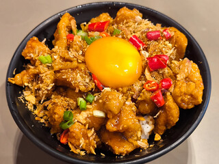 Chicken Donburi with Egg and Spicy Garnish