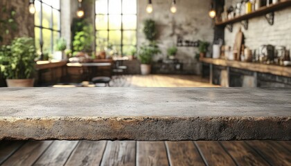 Stone countertop with blurry cafe interior in background. Ideal for product placement or food photography mockups.