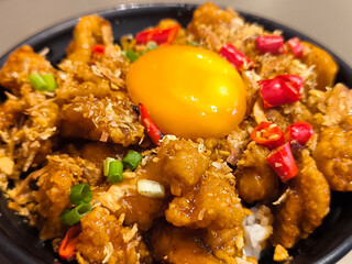 Chicken Donburi with Egg and Spicy Garnish