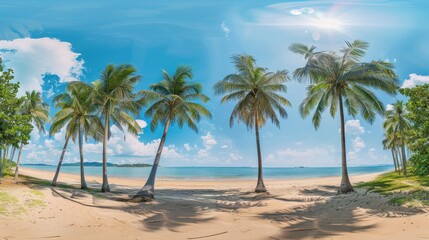 Fototapeta premium Tropical beach with palm trees and clear skies stock photo --ar 16:9 --raw --v 6 Job ID: d3379eb9-9388-43c4-808c-b711c3a94532