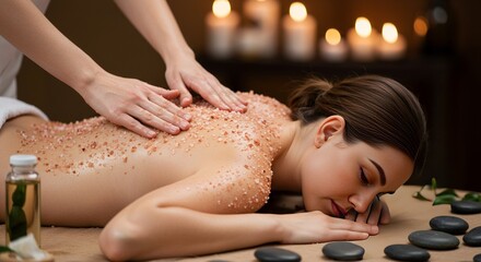 Woman Receiving Pink Himalayan Salt Exfoliating Back Treatment at Spa with Candles and Black Stones Creating a Peaceful Tranquil Atmosphere