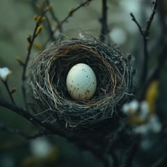 Obraz premium Single Speckled Egg Nestled in a Rustic Bird Nest Among Branches