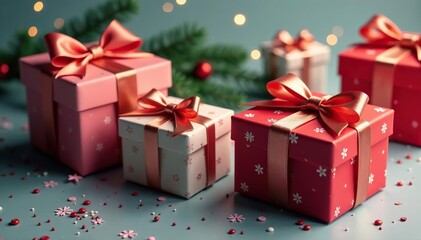 Obraz premium Elegant gift boxes, ribbon bows, festive pattern, gift box, craft