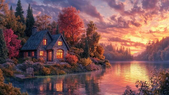 Autumn cabin by a serene lake at sunset - Powered by Adobe