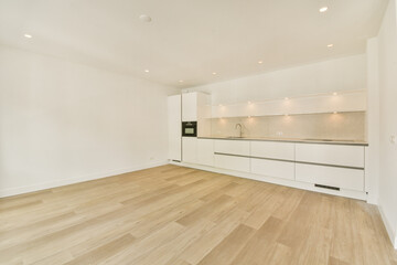 A clean and spacious modern kitchen featuring sleek white cabinetry and warm wooden flooring. Ideal for contemporary living spaces.